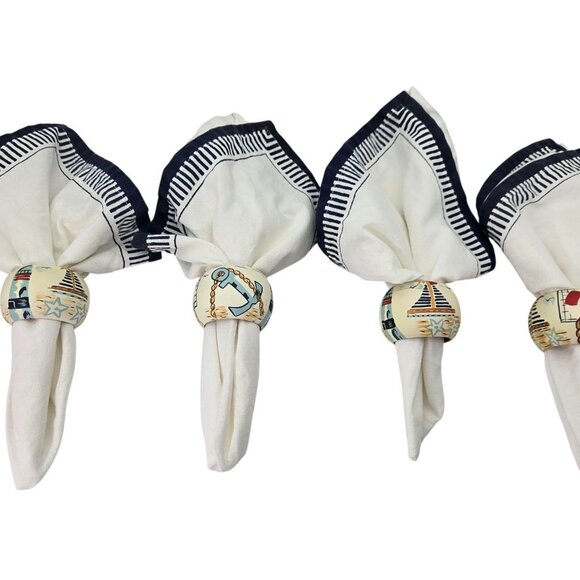 Vintage Set Of 4 Nautical Coastal Cotton Napkins Hand-Painted Wood Napkin Rings - Picture 1 of 13